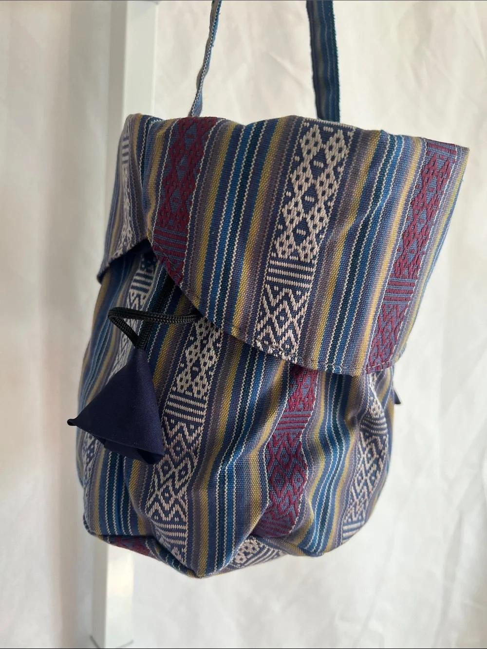 Woven Blue Multi-Stripe Drawstring Bag with Flap on Front & Back Silk Pullstring
